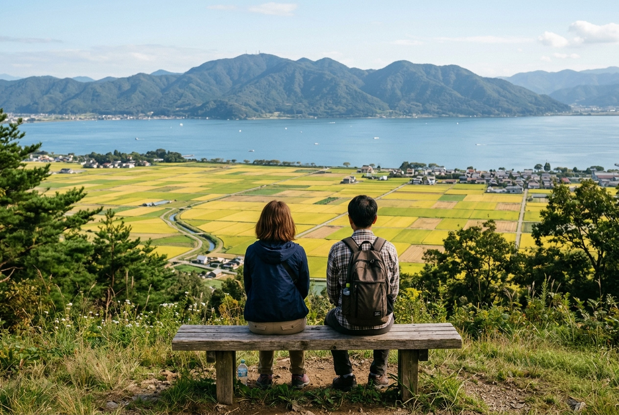 ベンチから田んぼと琵琶湖を見渡す